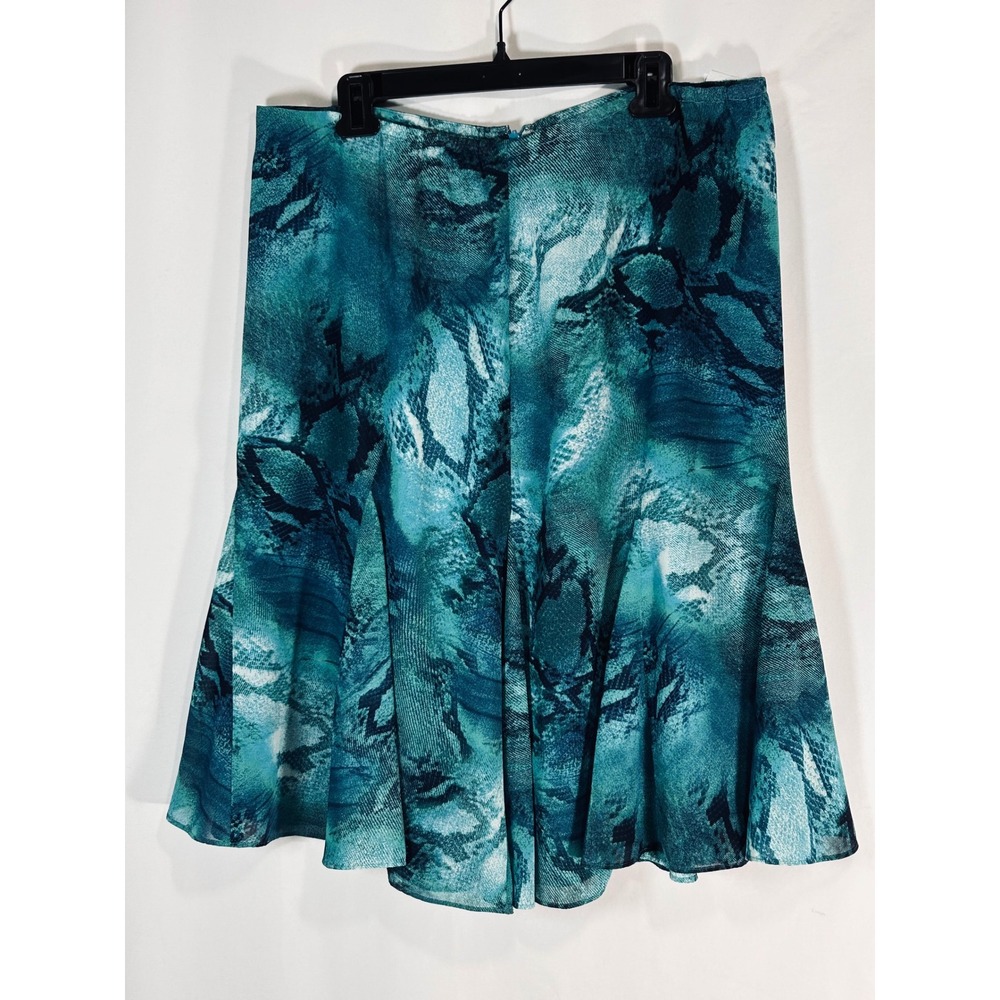 Chicos Teal Blue Snakeskin Print A-Line Midi Skirt‎ Size 3 XL Lined Godet Hem